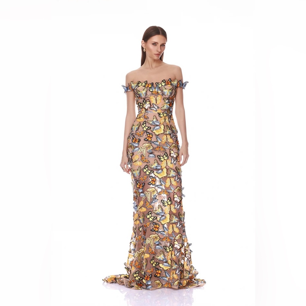 NWOT BRONX AND BANCO Bella 3D Butterfly Jasmine Off the Shoulder Gown - Picture 3 of 16